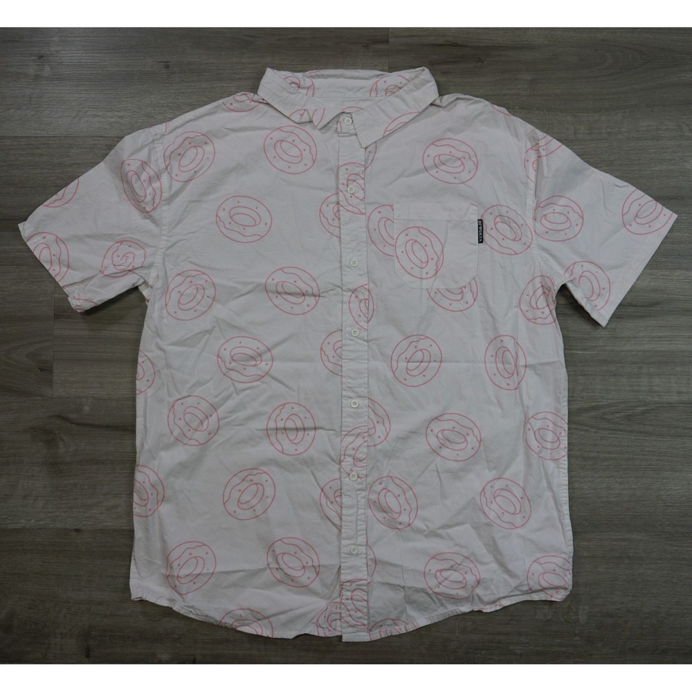 Odd Future Men's XL Short Sleeve White Pink Donut Print Cotton Button Up Shirt